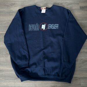 Navy Blue and Orange Vintage Nevada Jeans Graphic Spellout Crewneck Sweatshirt